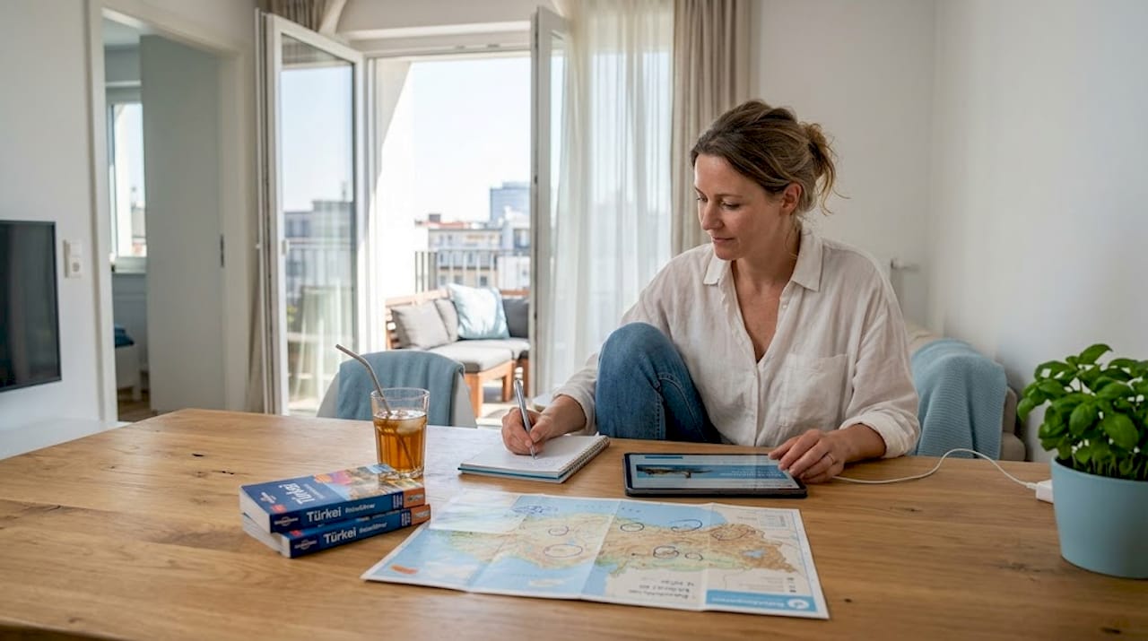 Eine Frau sitzt zu Hause und schmiedet Reisepl&auml;ne f&uuml;r ihren n&auml;chsten T&uuml;rkei-Urlaub.