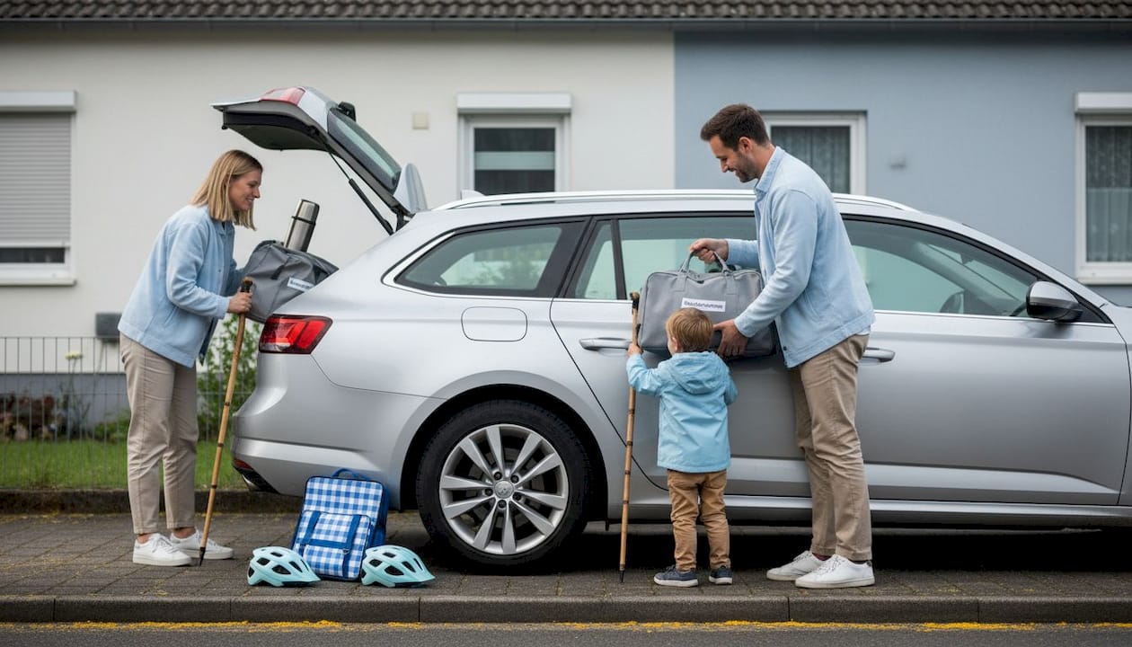 Eine Familie bel&auml;dt ihr Auto f&uuml;r den Urlaub auf dem Land.