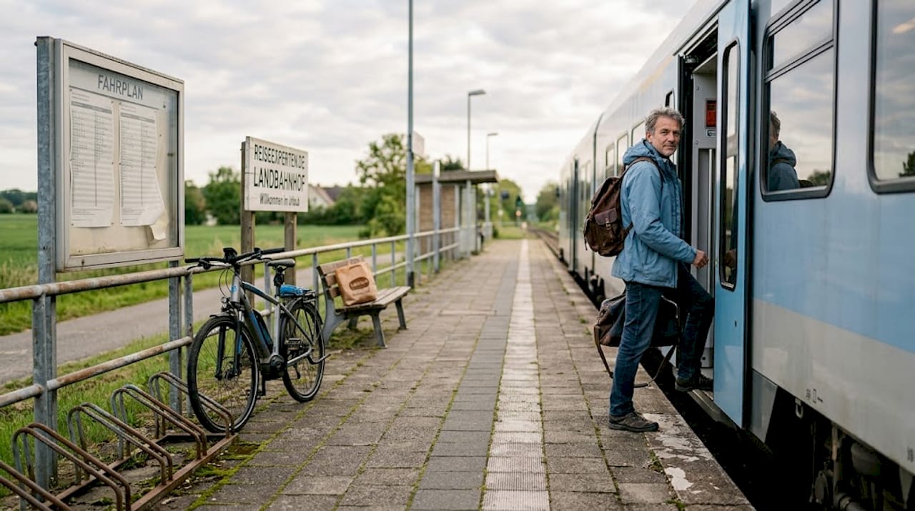 Ein Mann mit Rucksack steigt am kleinen Bahnhof im Gr&uuml;nen aus.