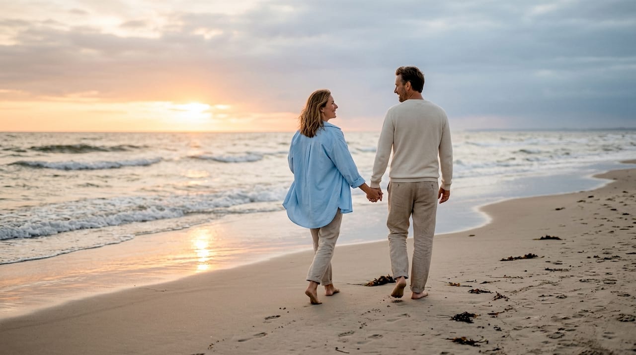 Ein Paar spaziert Hand in Hand am Strand entlang, w&auml;hrend die Sonne langsam im Meer versinkt.