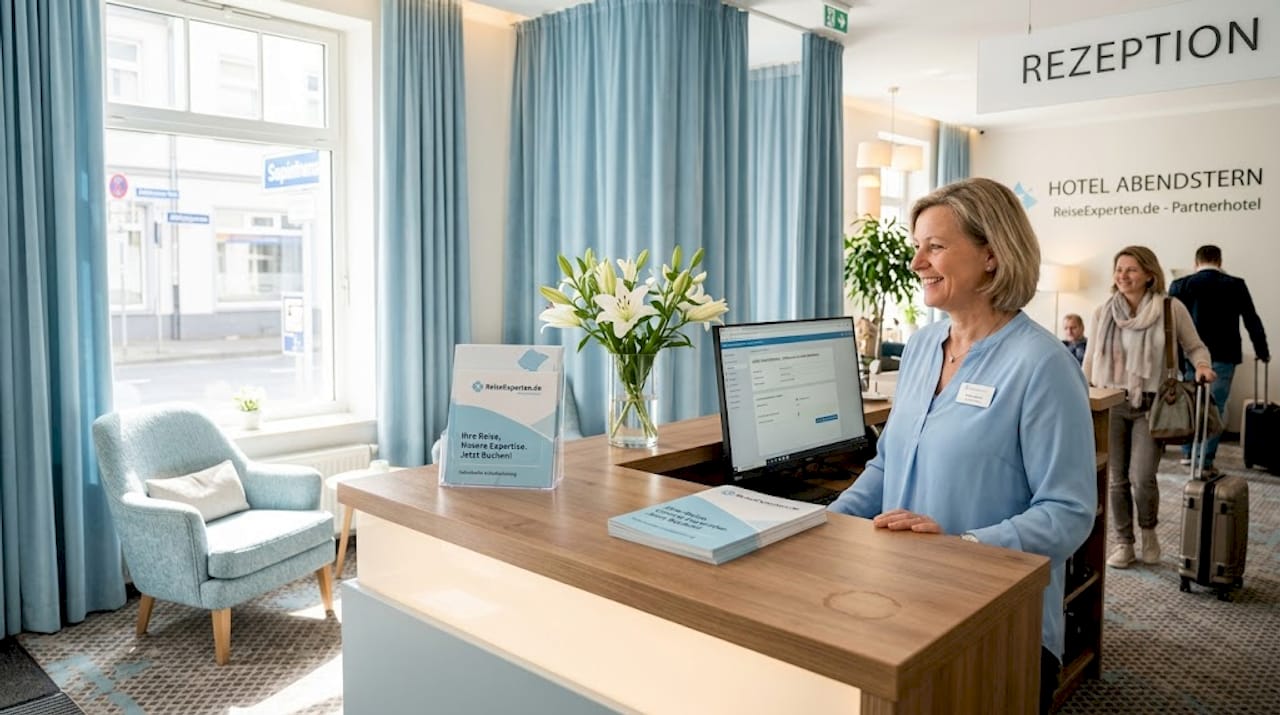 Der Hoteldirektor hei&szlig;t einen Gast herzlich an der Rezeption willkommen.