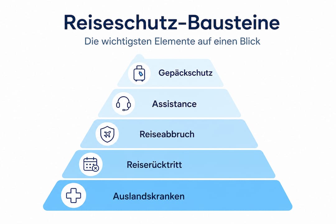 Infografik: Die wichtigsten Bausteine f&uuml;r den optimalen Reiseschutz &ndash; als &uuml;bersichtliche Pyramide dargestellt