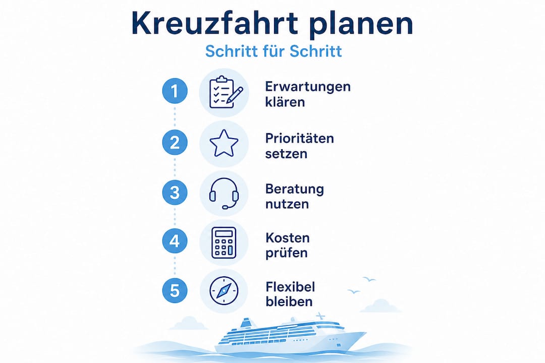 Schritt-f&uuml;r-Schritt-Infografik zur Planung einer Kreuzfahrt (vertikal angeordnet)