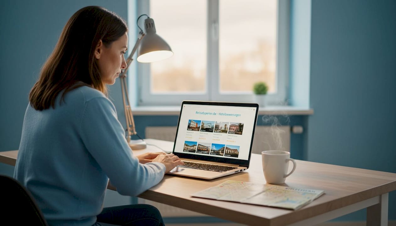 Eine Frau sitzt im Wohnzimmer und liest Hotelbewertungen auf ihrem Laptop.