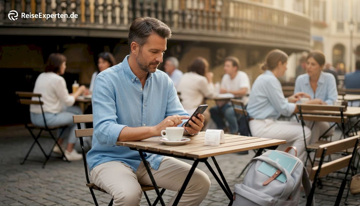 Ein Mann sitzt gem&uuml;tlich im Stra&szlig;encaf&eacute; und st&ouml;bert durch Reisebewertungen auf seinem Handy.