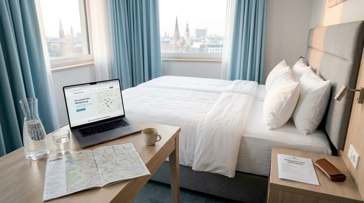 Stilvoll eingerichtetes und sorgfältig hergerichtetes Zimmer in einem Vier-Sterne-Hotel