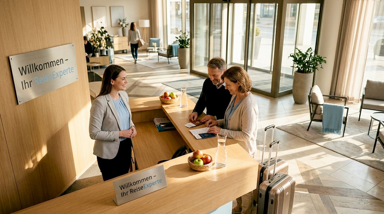 An der Rezeption eines deutschen Hotels begrüßt die Empfangsmitarbeiterin neue Gäste und kümmert sich um den Check-in.