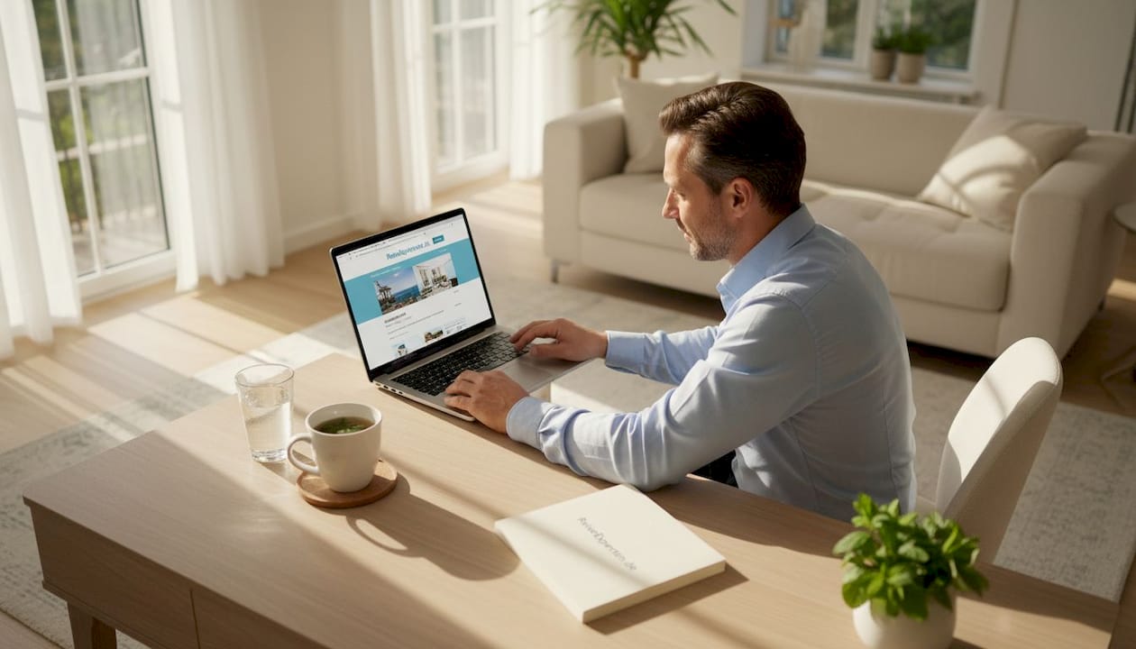 Ein Mann sitzt gem&uuml;tlich im Wohnzimmer und bucht &uuml;ber seinen Laptop ein Hotelzimmer.