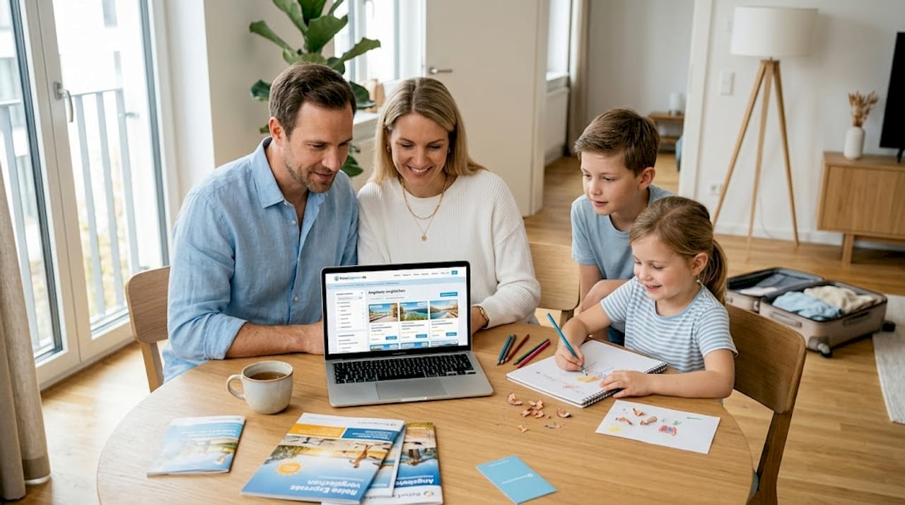Gemeinsam sitzen alle am Küchentisch, der Laptop steht bereit und die Familie schmiedet Reisepläne.