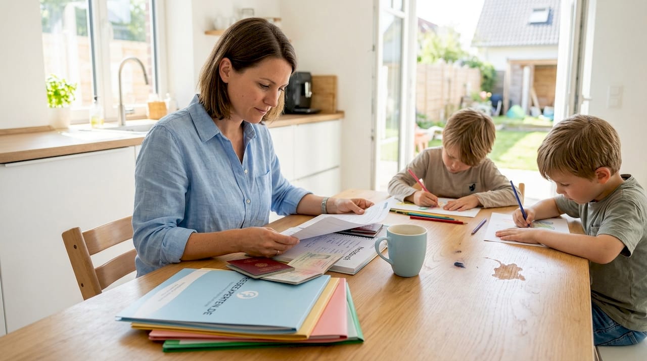 Am Küchentisch geht die Familie noch einmal gemeinsam die Reisedokumente durch.