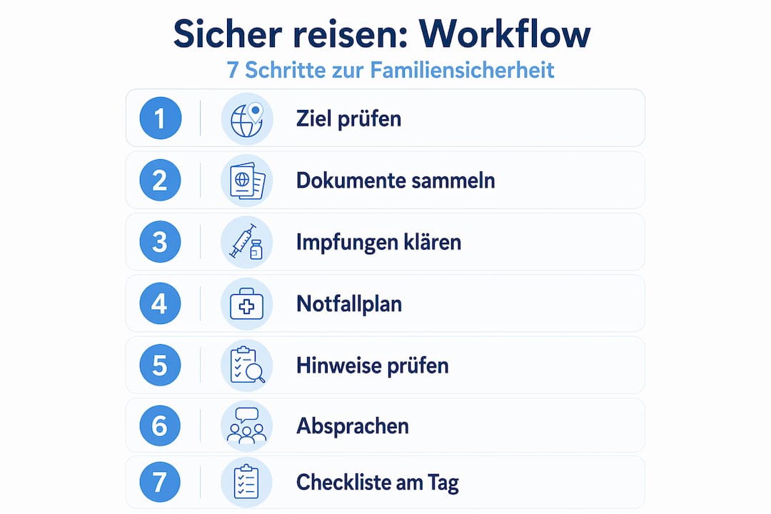 Infografik: In 7 Schritten zur sicheren Familienreise – So schützen Sie Ihre Liebsten