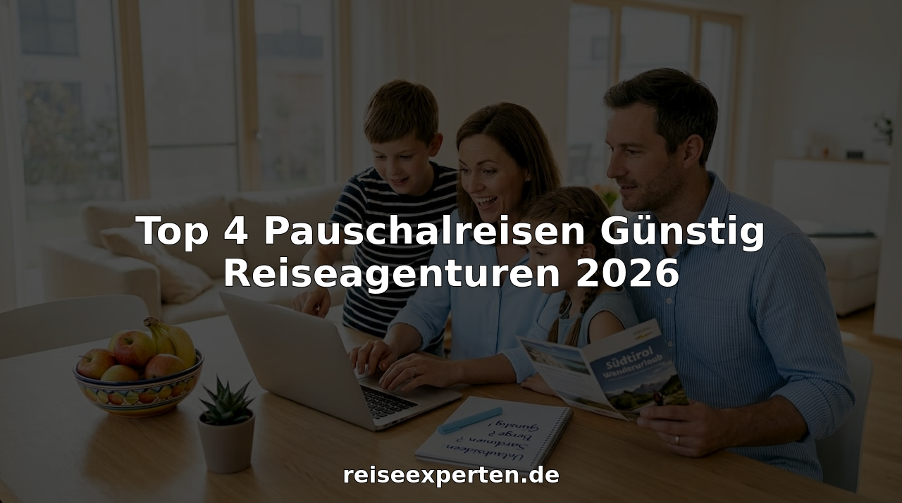 Eine Familie plant gemeinsam von zu Hause aus ihren nächsten Urlaub und findet online günstige Reiseangebote.