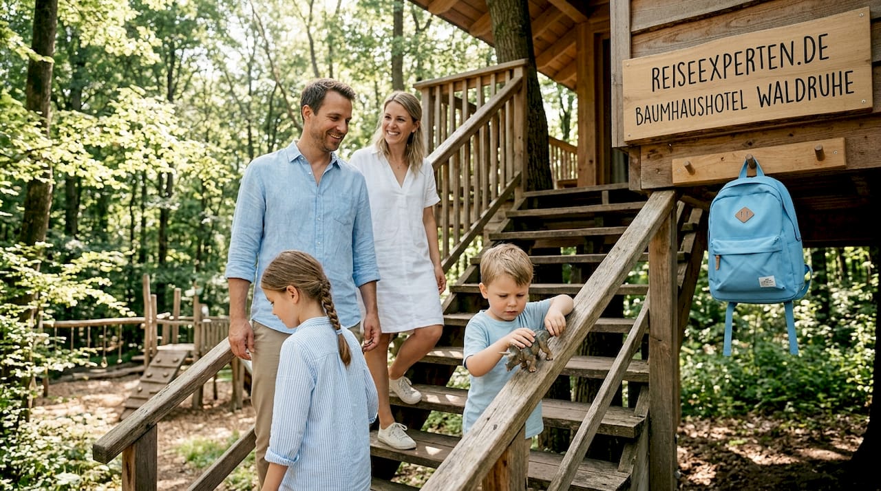 Eine Familie entdeckt gemeinsam das Baumhaushotel und den Abenteuerspielplatz.