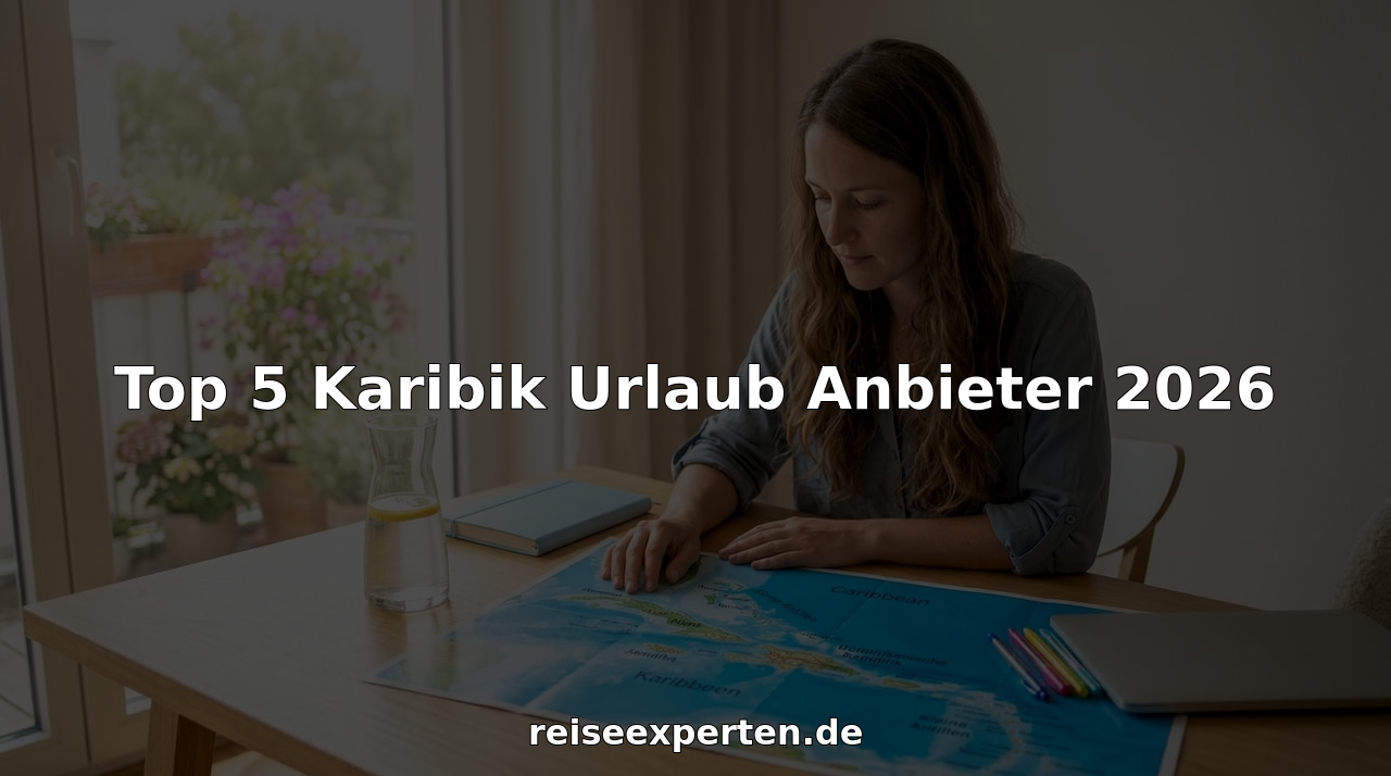 Ein Reiseprofi sitzt am Schreibtisch und plant eine Traumreise in die Karibik.