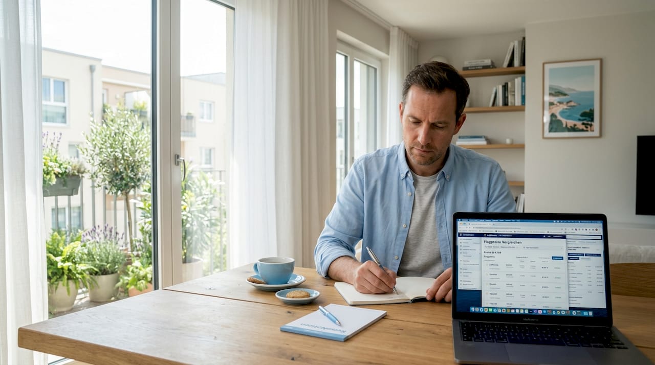Ein Mann sitzt im Homeoffice und vergleicht Flugpreise am Computer.