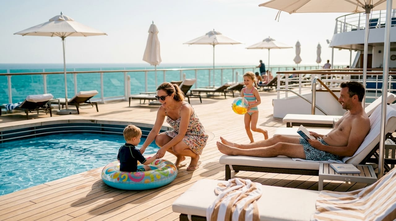 Eine Familie genießt das sonnige Wetter an Deck eines Kreuzfahrtschiffs und verbringt gemeinsam entspannte Stunden im Freien.
