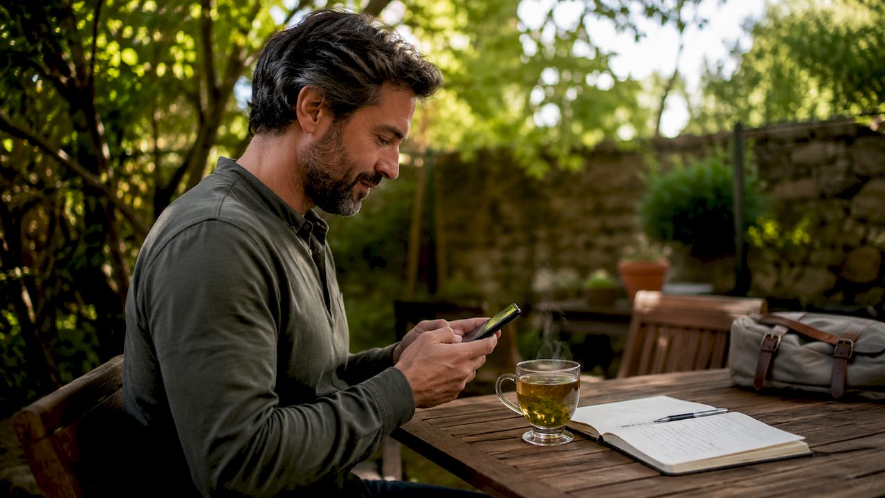 Ein Mann sitzt im Café und bucht über sein Smartphone eine Unterkunft.