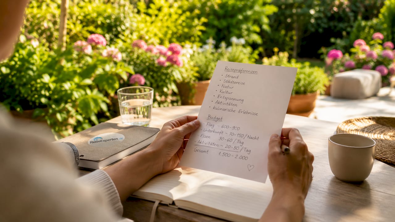 Im Homeoffice liegen die Hände auf dem Tisch – daneben eine Liste mit Reisezielen, die noch entdeckt werden wollen.