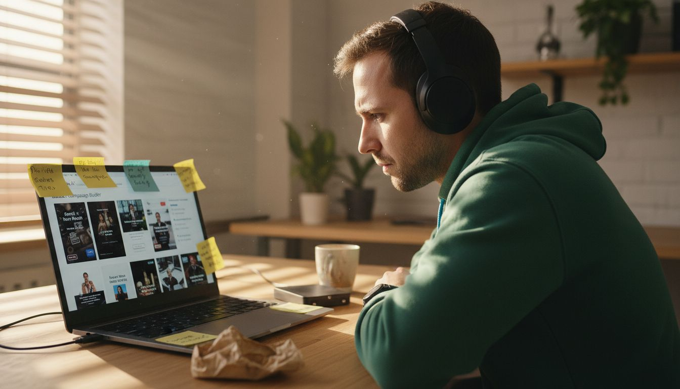 Man choosing AI ad creatives on laptop