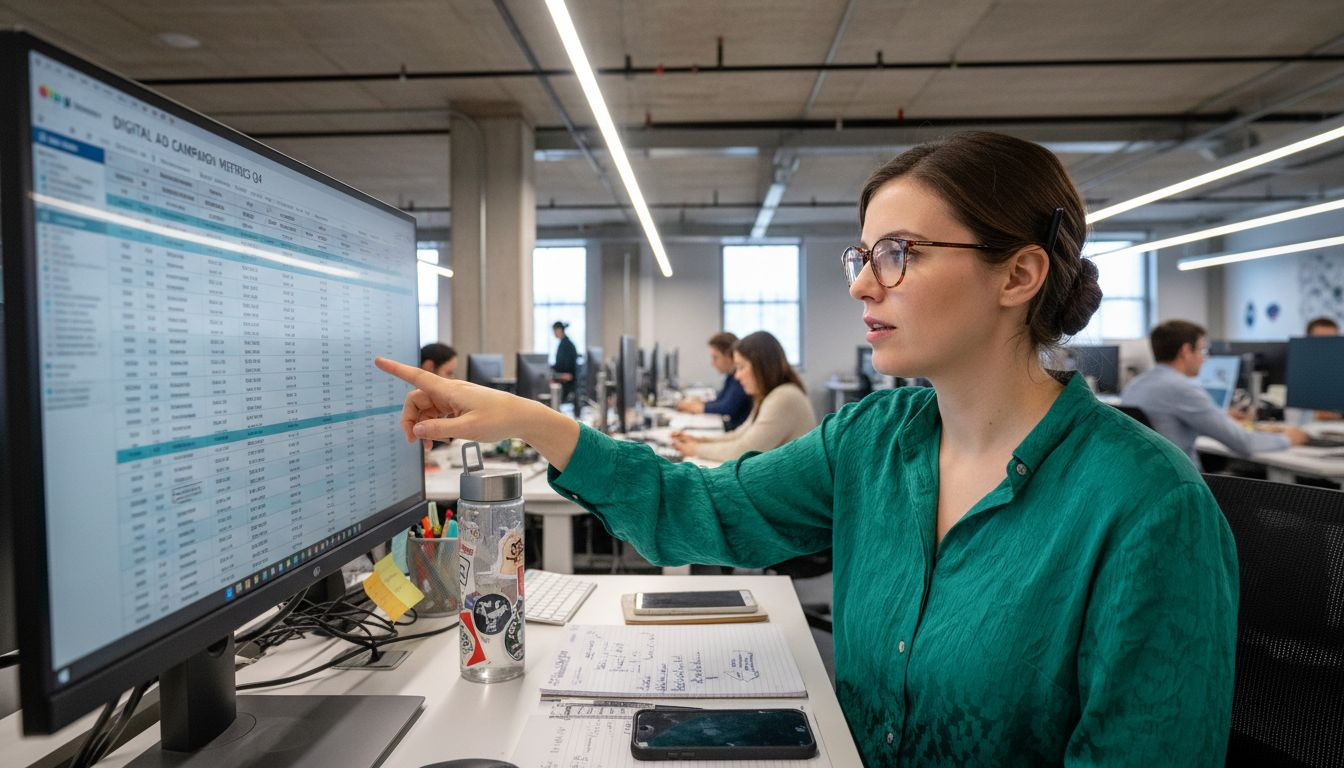 Analyst reviews digital ad metrics spreadsheet