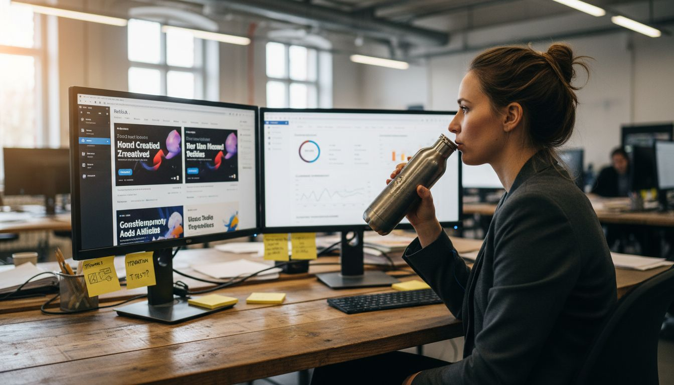 Manager reviewing AI ad creatives at desk