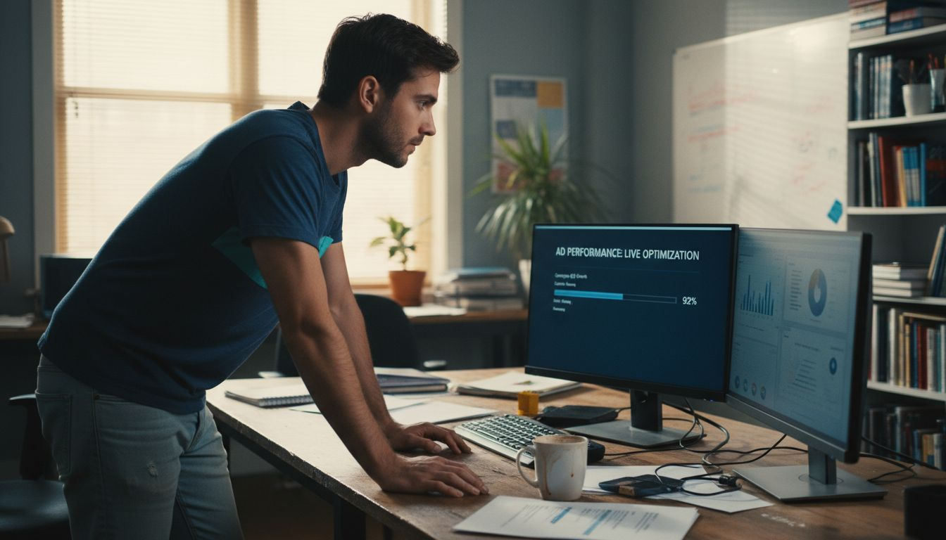 Benefits of Ad Automation: Smarter Campaigns for SMBs 1 Manager observing live ad optimization process