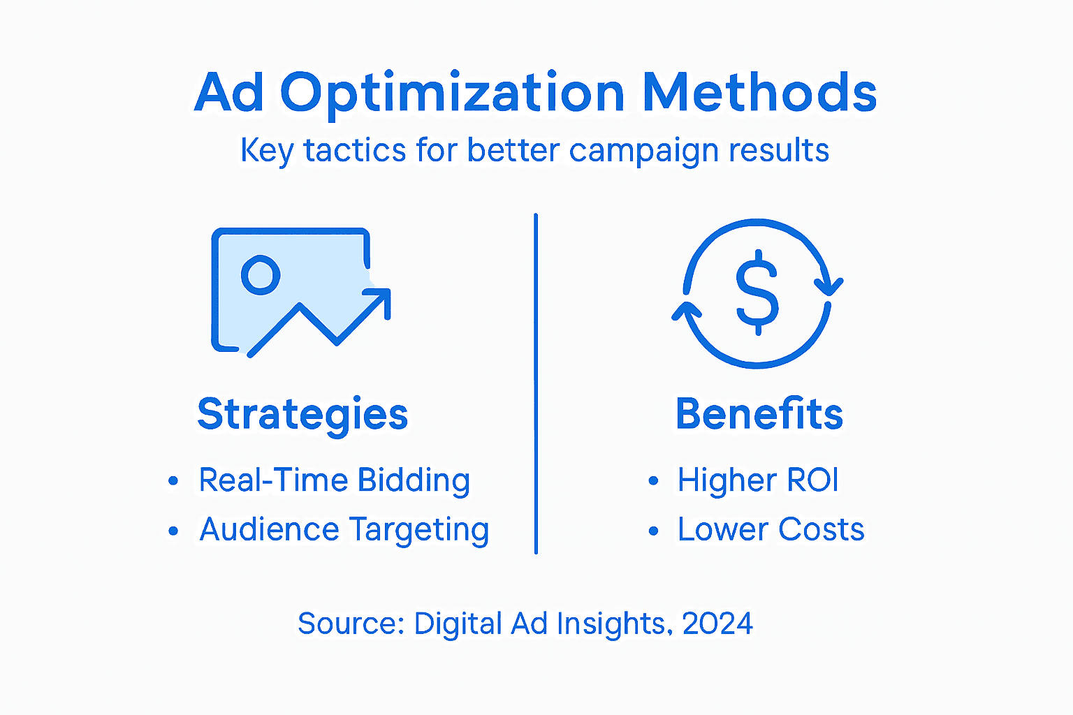 Real-Time Ad Optimization: Boost ROI and Cut Costs 2 Infographic showing ad optimization strategies and benefits