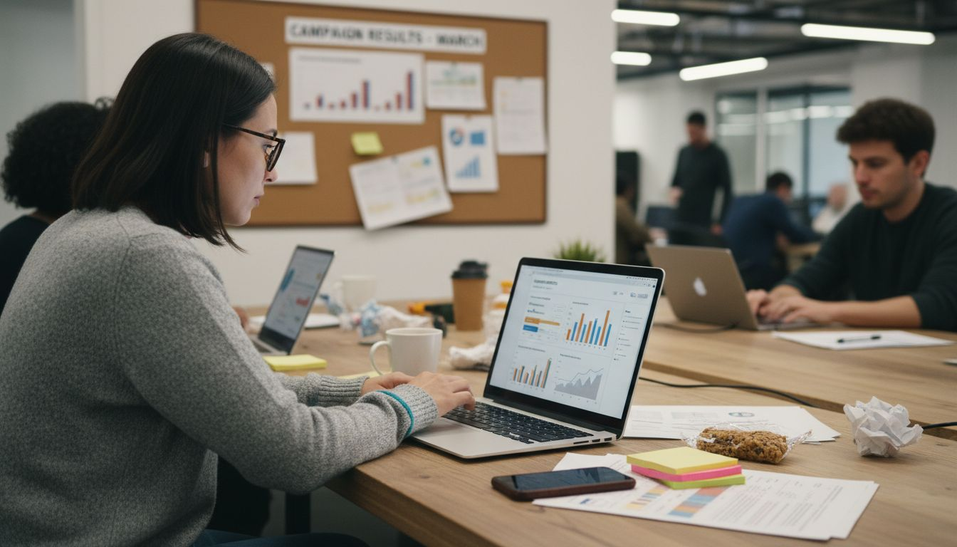 Manager studies ad optimization dashboard in office