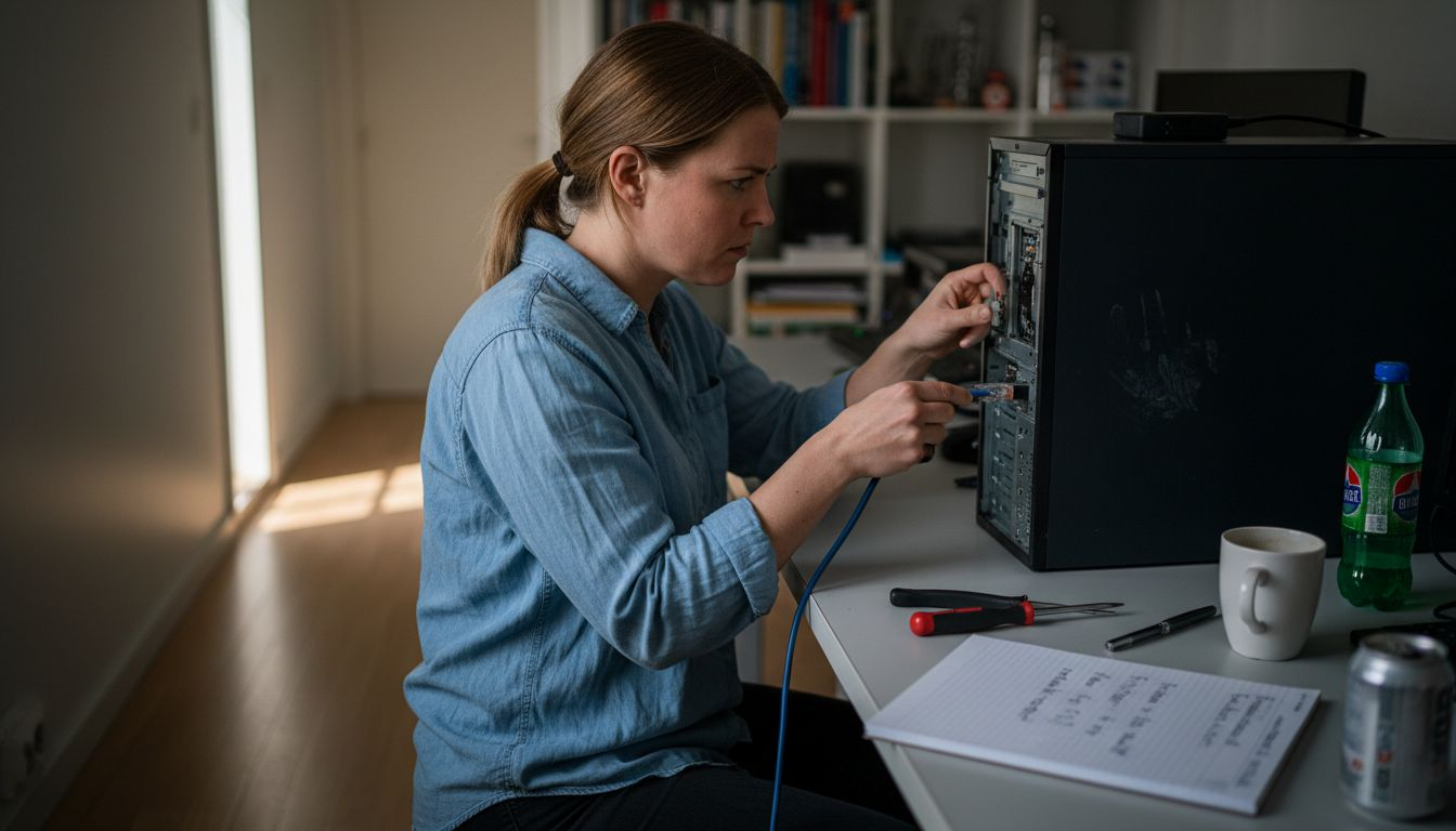 En tekniker ansluter en nätverkskabel till datorn.