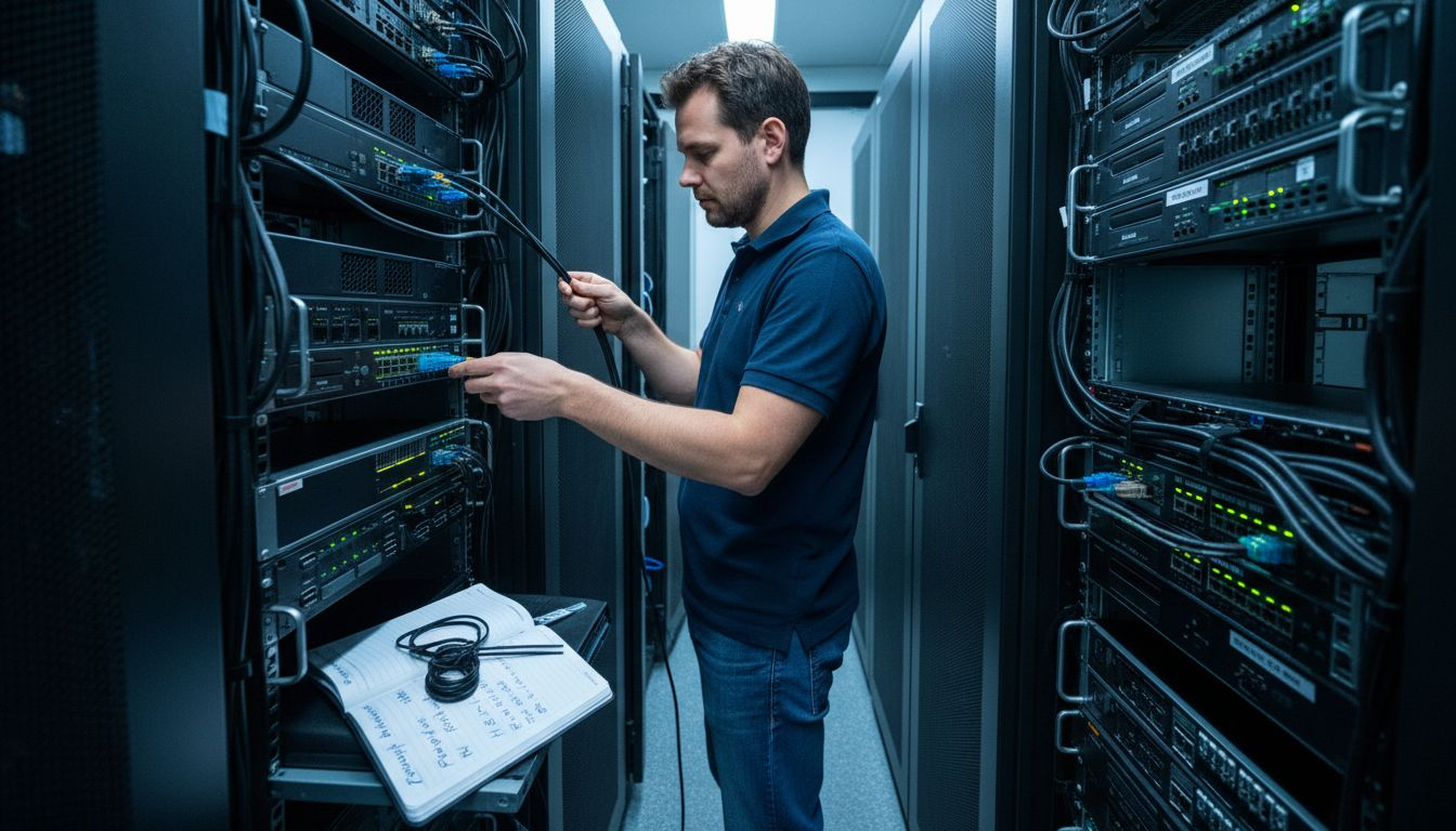 En tekniker jobbar i serverhallen och kopplar in nätverkskablar.