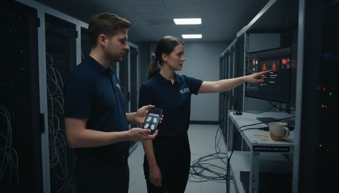 Medarbetare går igenom säkerhetsrisker i serverrummet