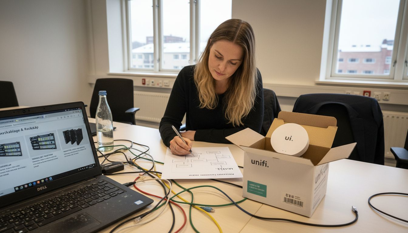 En kvinna sitter och skissar upp en nätverkslösning med Unifi-produkter.