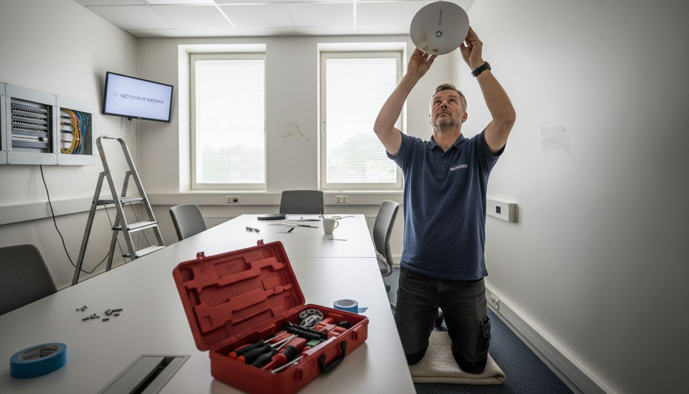 En tekniker monterar ett nytt trådlöst nätverk i konferensrummet.