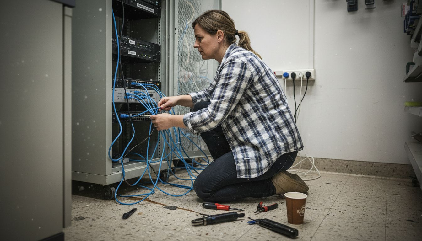 En tekniker felsöker nätverkskablar i butiken.