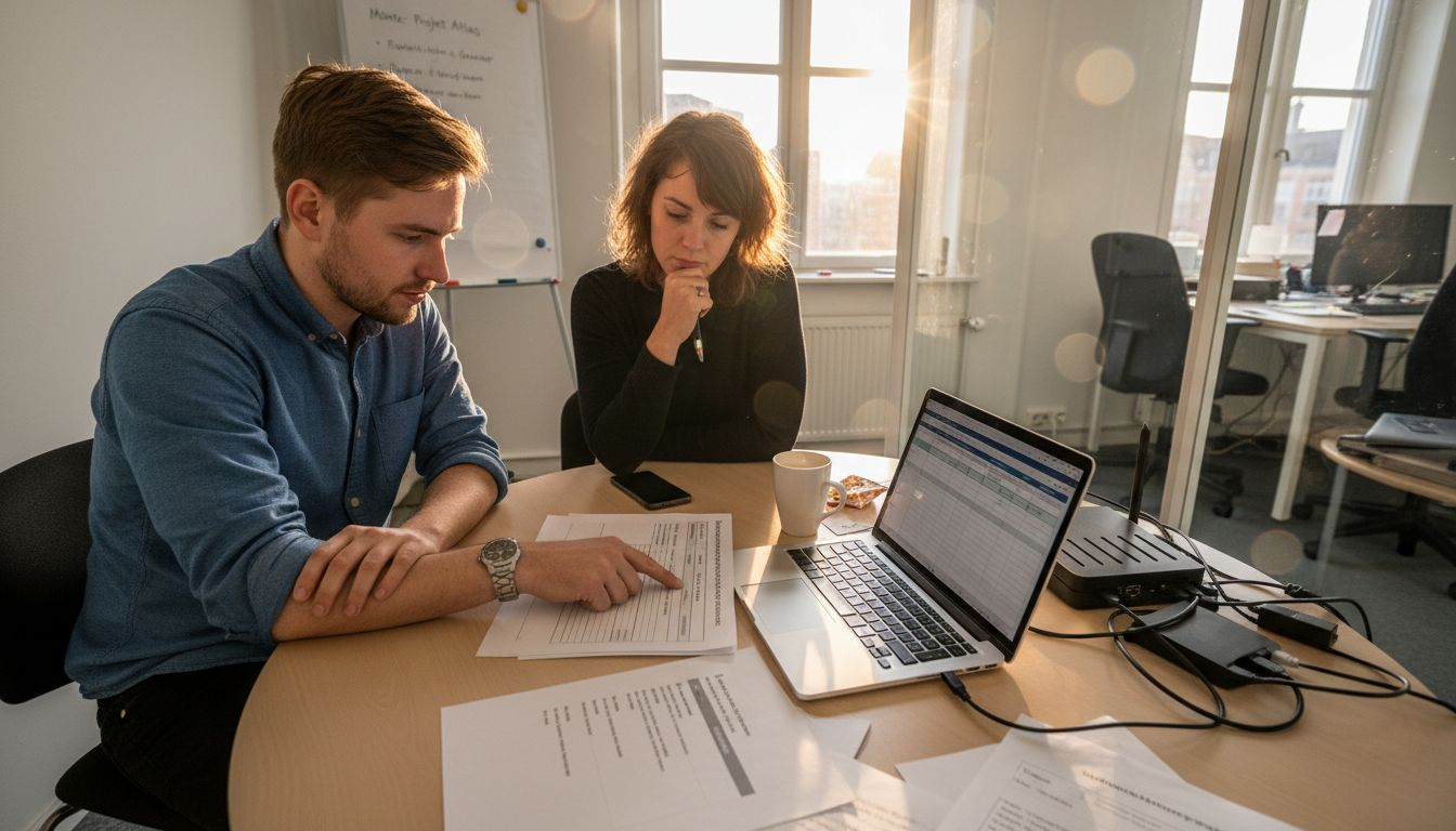 Två kollegor går igenom checklistan för nätverkssäkerhet tillsammans.