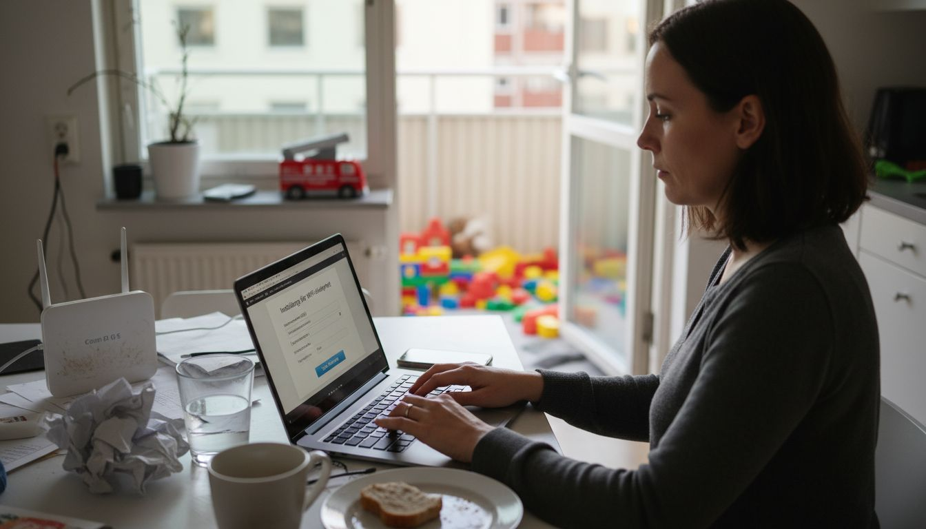 Användaren sitter vid köksbordet och ställer in säkerhetsinställningarna för sitt wifi.