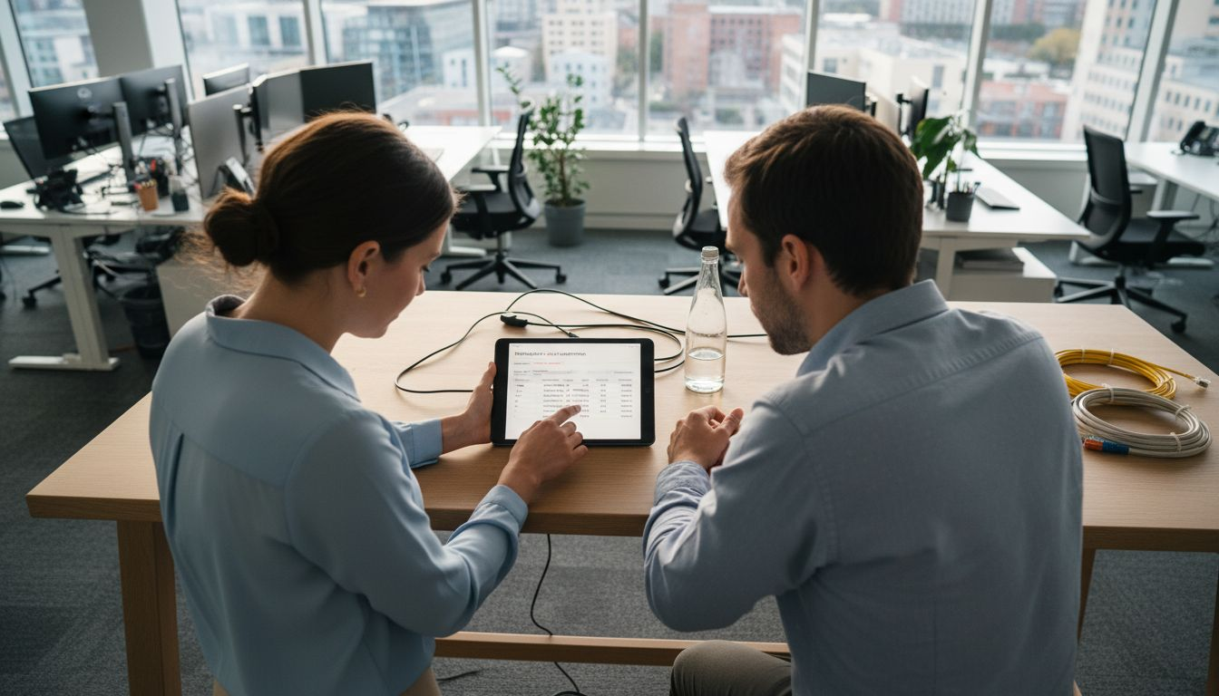 Medarbetare samlas kring surfplattan för att gå igenom material tillsammans på kontoret.