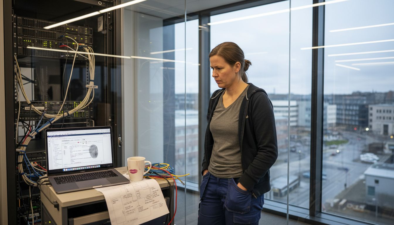 En IT-specialist går igenom Apples servernätverk på kontoret för att säkerställa att allt fungerar som det ska.