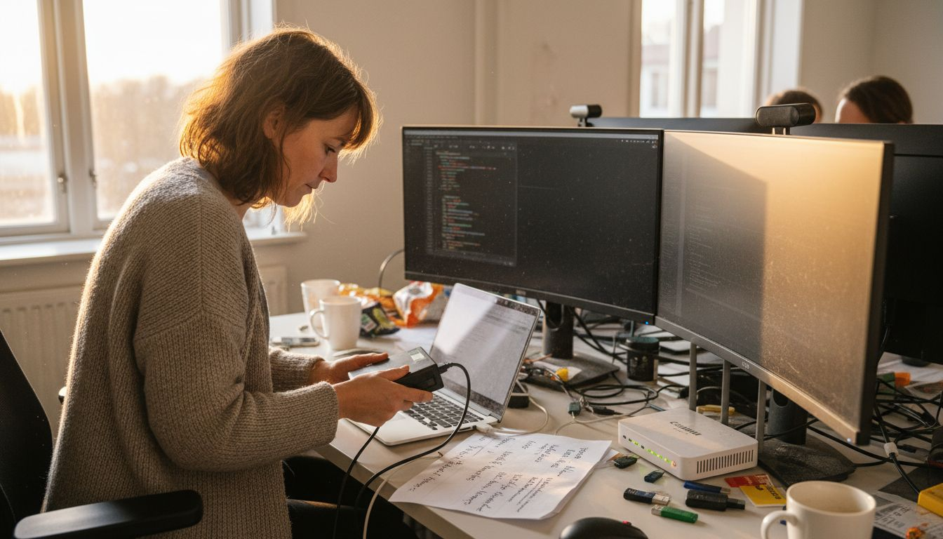 Kvinna kopplar in backup-system på jobbet