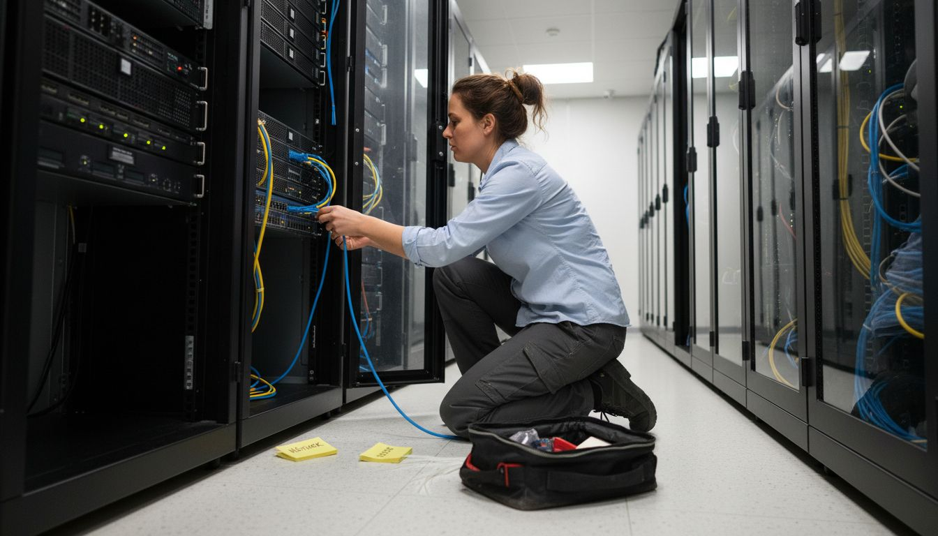 En ingenjör som servar och underhåller serverutrustning i ett serverrum.