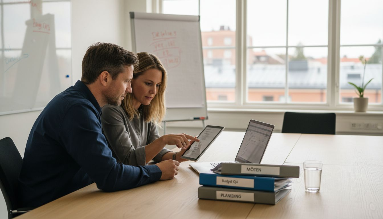 Två kollegor jobbar tillsammans med hjälp av digitala verktyg.