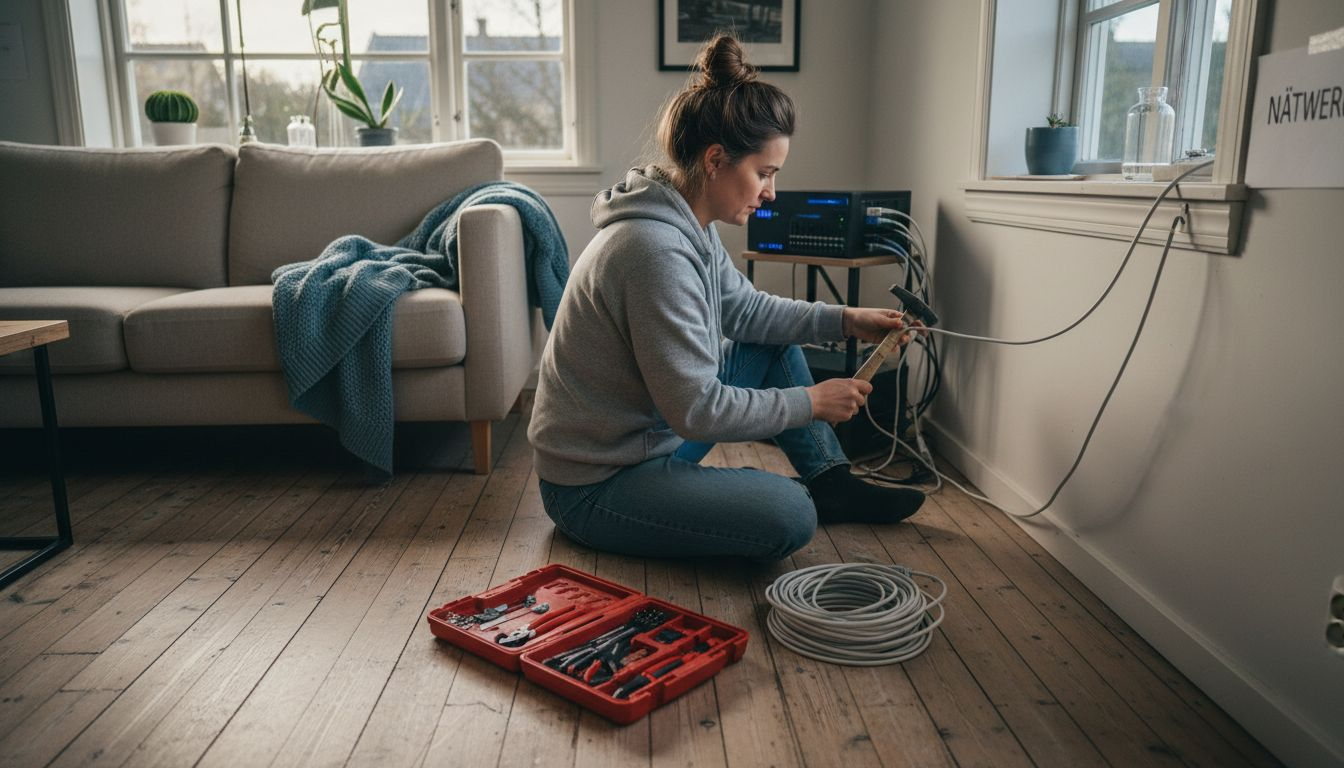 En person drar nätverkskabel hemma i vardagsrummet.