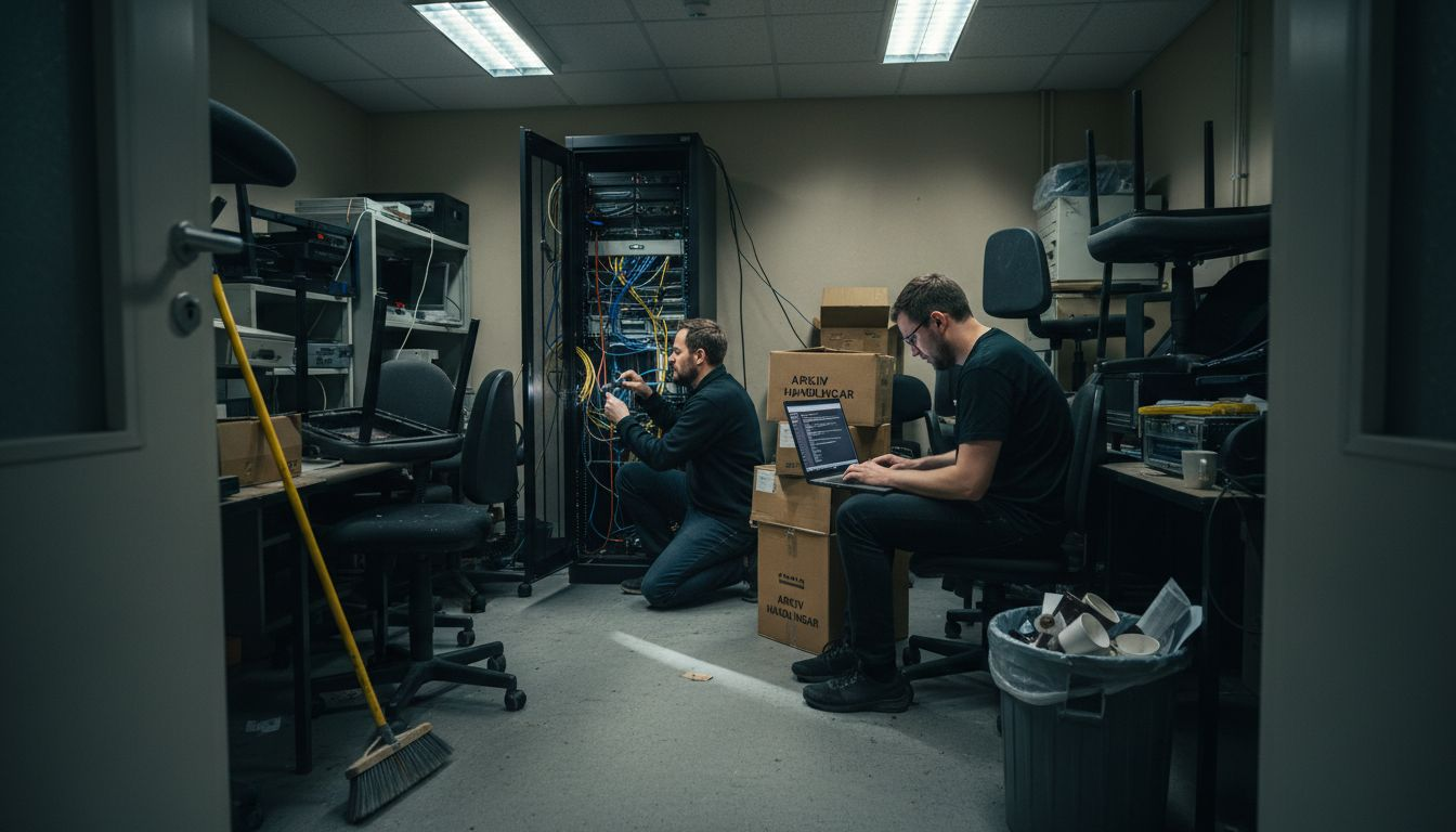 En tekniker håller koll på servrarna i ett litet serverrum.