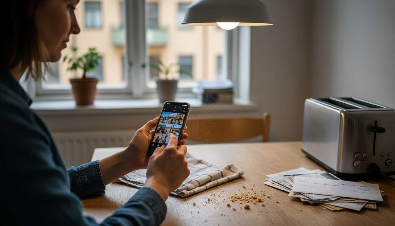 Kvinna startar om sin iPhone vid frukostbordet.