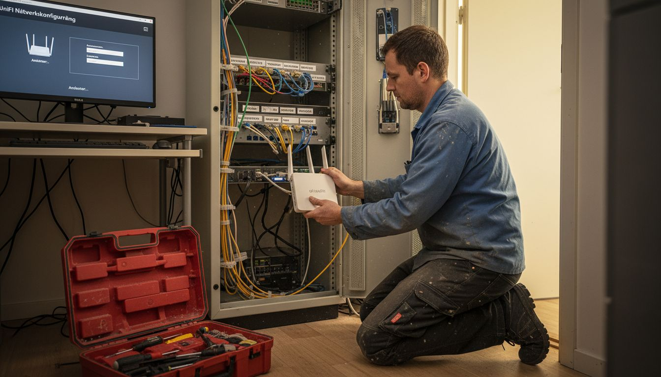 En tekniker är på plats och installerar en Unifi-router i hemmets serverrum.