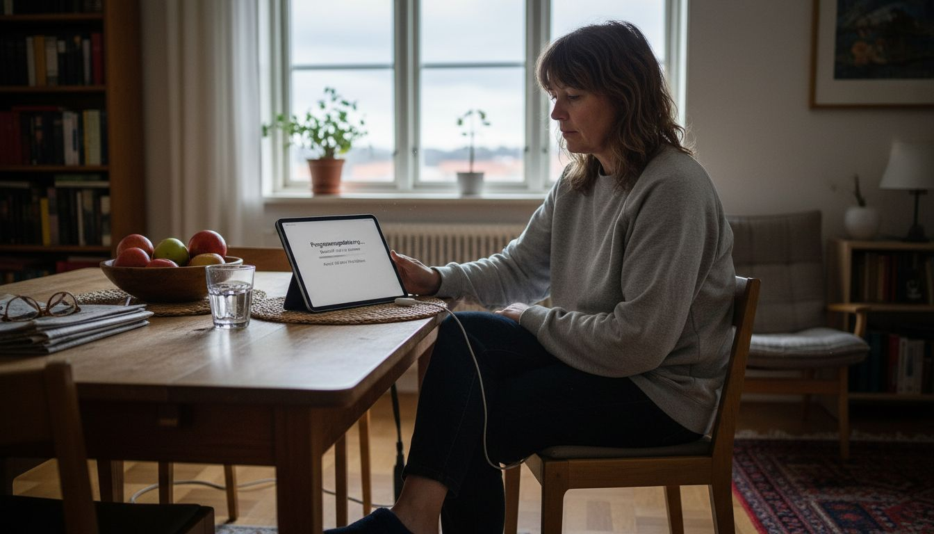 Kvinna sitter vid köksbordet och uppdaterar sin iPad