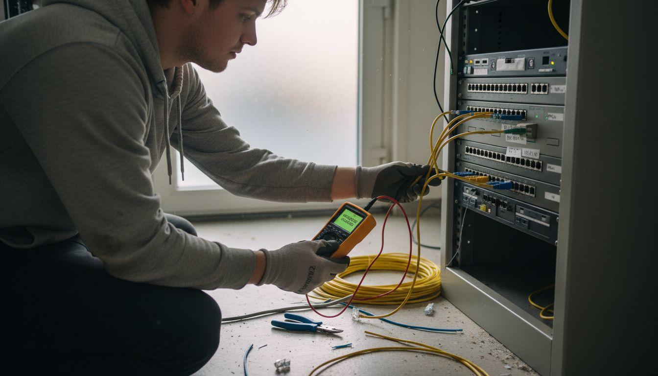 Teknikern felsöker och testar nätverkskablar från Unifi.