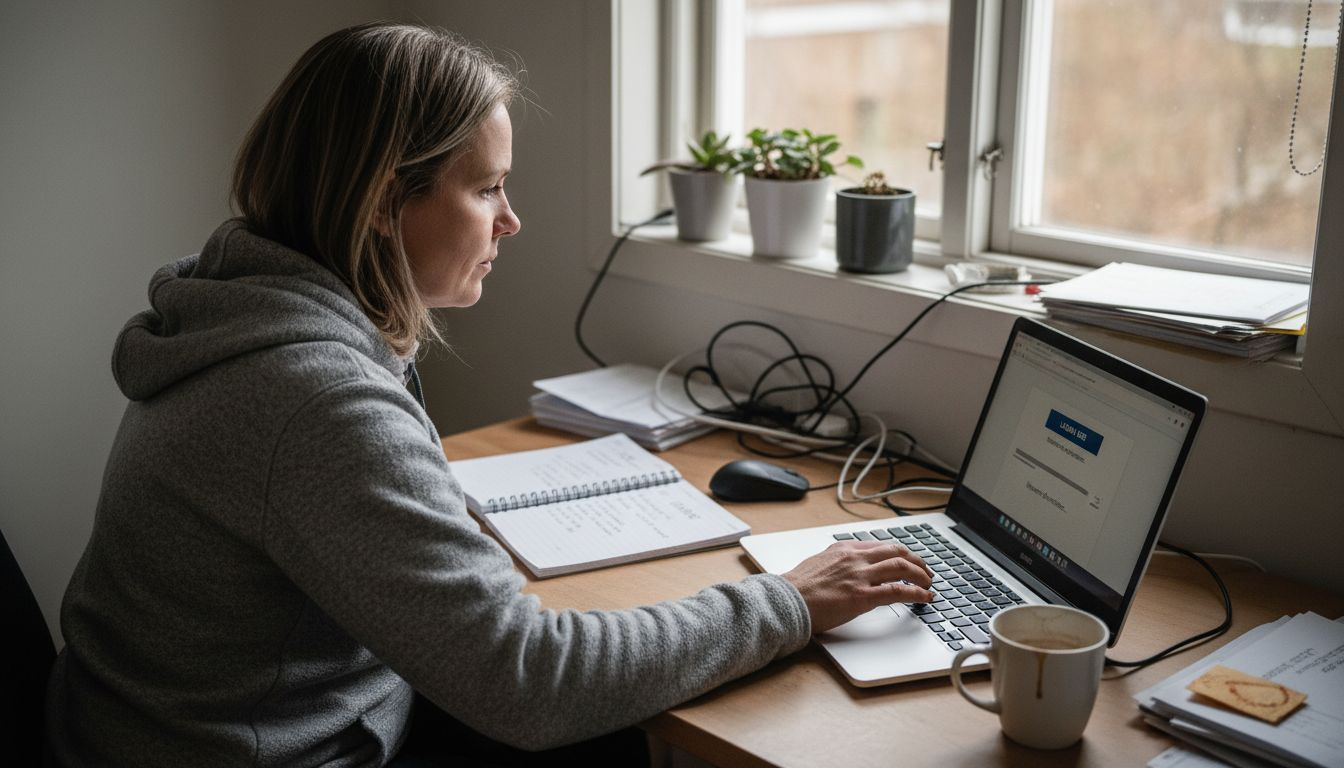 Så felsöker du skrivare i Stockholm – Komplett guide 3 En kvinna sitter vid sin laptop och installerar den senaste drivrutinen till sin skrivare.