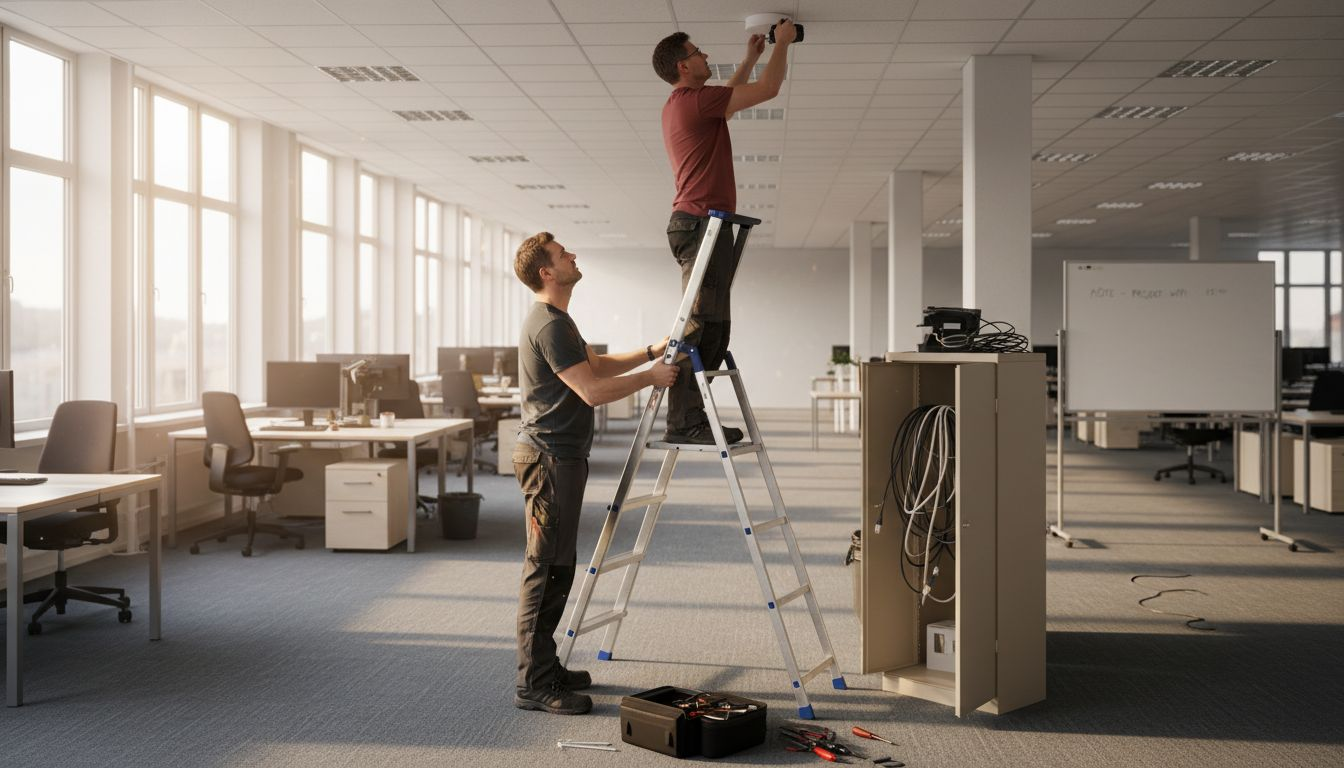 En tekniker håller på att sätta upp ett trådlöst nätverk på kontoret.