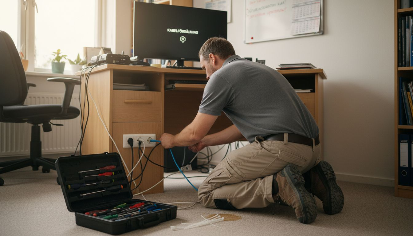 En tekniker drar nätverkskablar på kontoret.